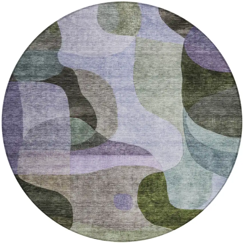 8' Olive Green Purple And Charcoal Round Abstract Washable Indoor Outdoor Area Rug Photo 2
