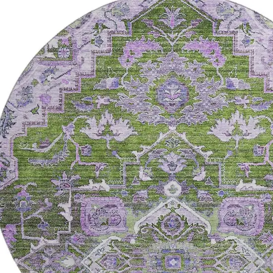 8' Olive Green Purple And Gray Floral Medallion Washable Round Rug With UV Protection Photo 3