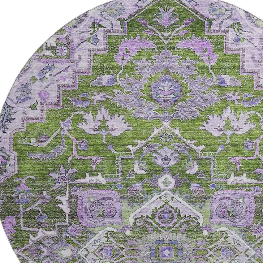8' Olive Green Purple And Gray Floral Medallion Washable Round Rug With UV Protection Photo 3