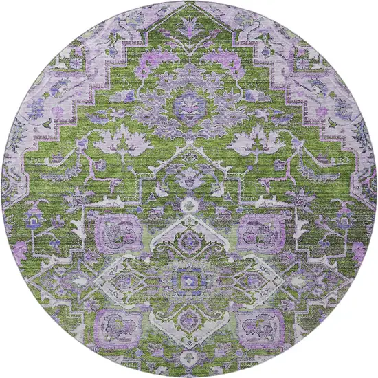 8' Olive Green Purple And Gray Floral Medallion Washable Round Rug With UV Protection Photo 4
