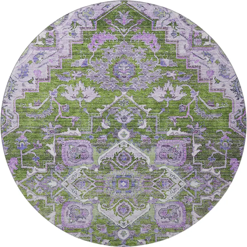 8' Olive Green Purple And Gray Floral Medallion Washable Round Rug With UV Protection Photo 4
