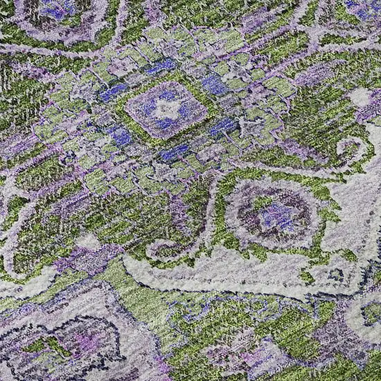 8' Olive Green Purple And Gray Floral Medallion Washable Round Rug With UV Protection Photo 9