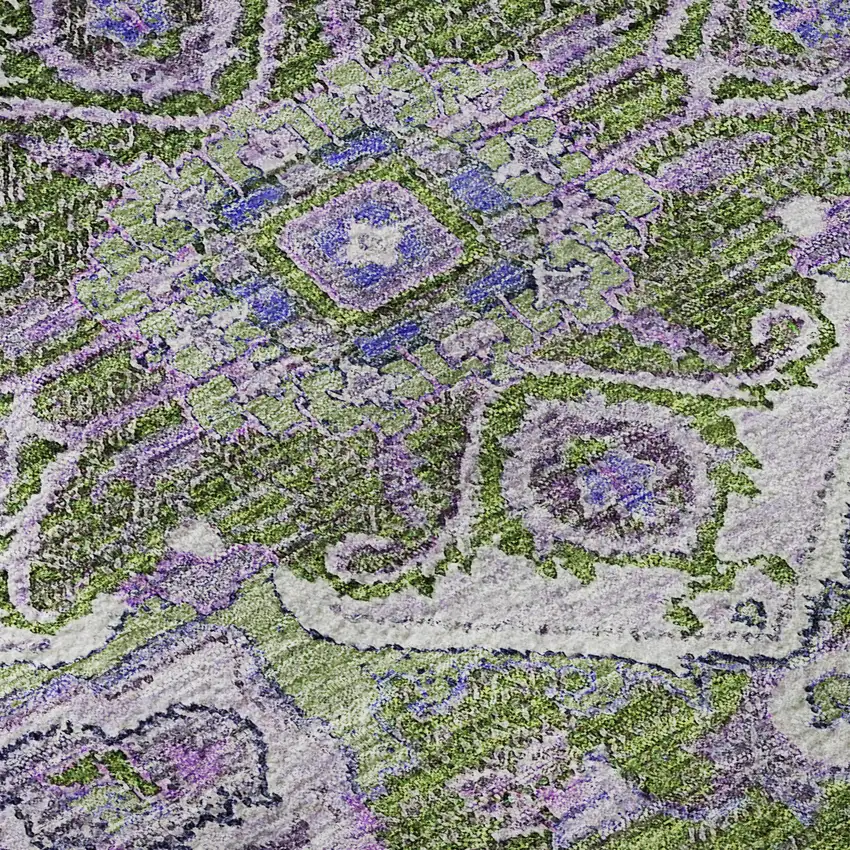 8' Olive Green Purple And Gray Floral Medallion Washable Round Rug With UV Protection Photo 9