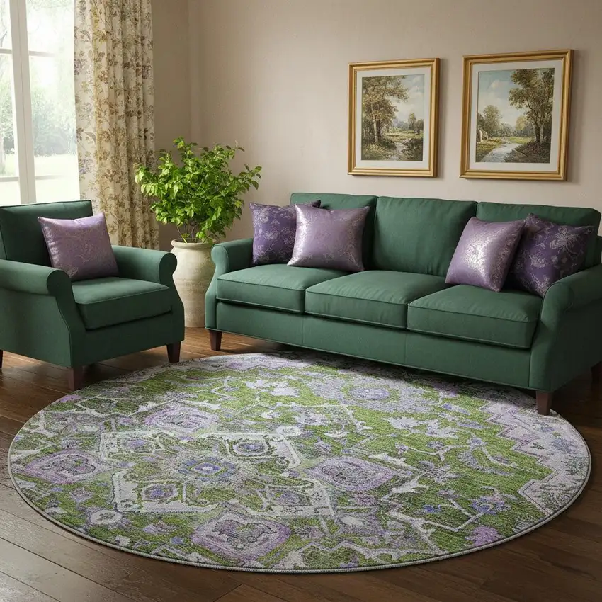 8' Olive Green Purple And Gray Floral Medallion Washable Round Rug With UV Protection Photo 1