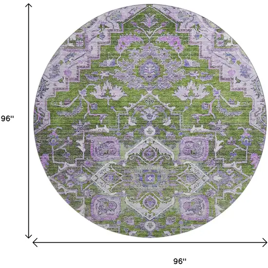 8' Olive Green Purple And Gray Floral Medallion Washable Round Rug With UV Protection Photo 3
