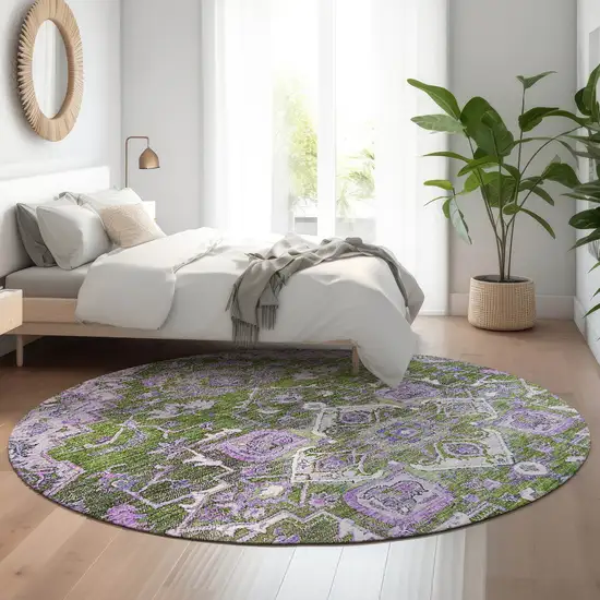 8' Olive Green Purple And Gray Floral Medallion Washable Round Rug With UV Protection Photo 5