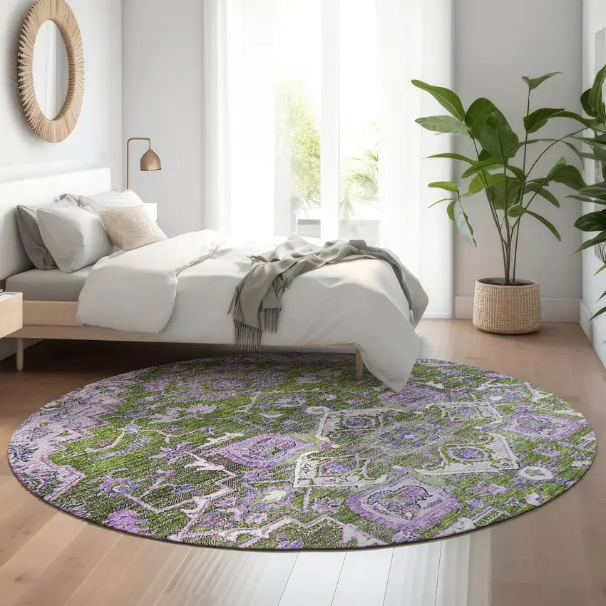 8' Olive Green Purple And Gray Floral Medallion Washable Round Rug With UV Protection Photo 5