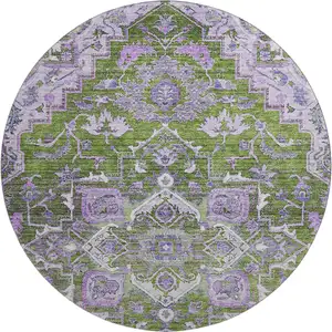 Photo of 8' Olive Green Purple And Gray Floral Medallion Washable Round Rug With UV Protection