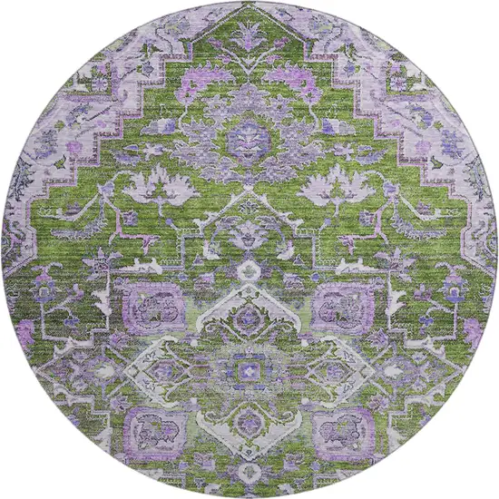 8' Olive Green Purple And Gray Floral Medallion Washable Round Rug With UV Protection Photo 1