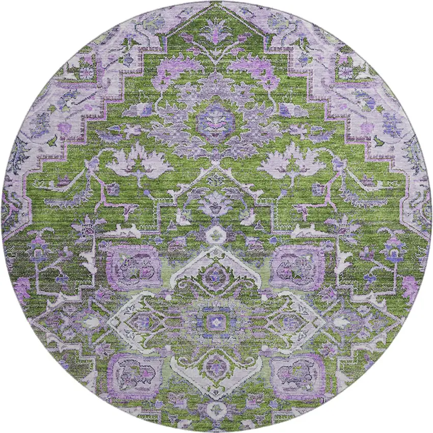 8' Olive Green Purple And Gray Floral Medallion Washable Round Rug With UV Protection Photo 1