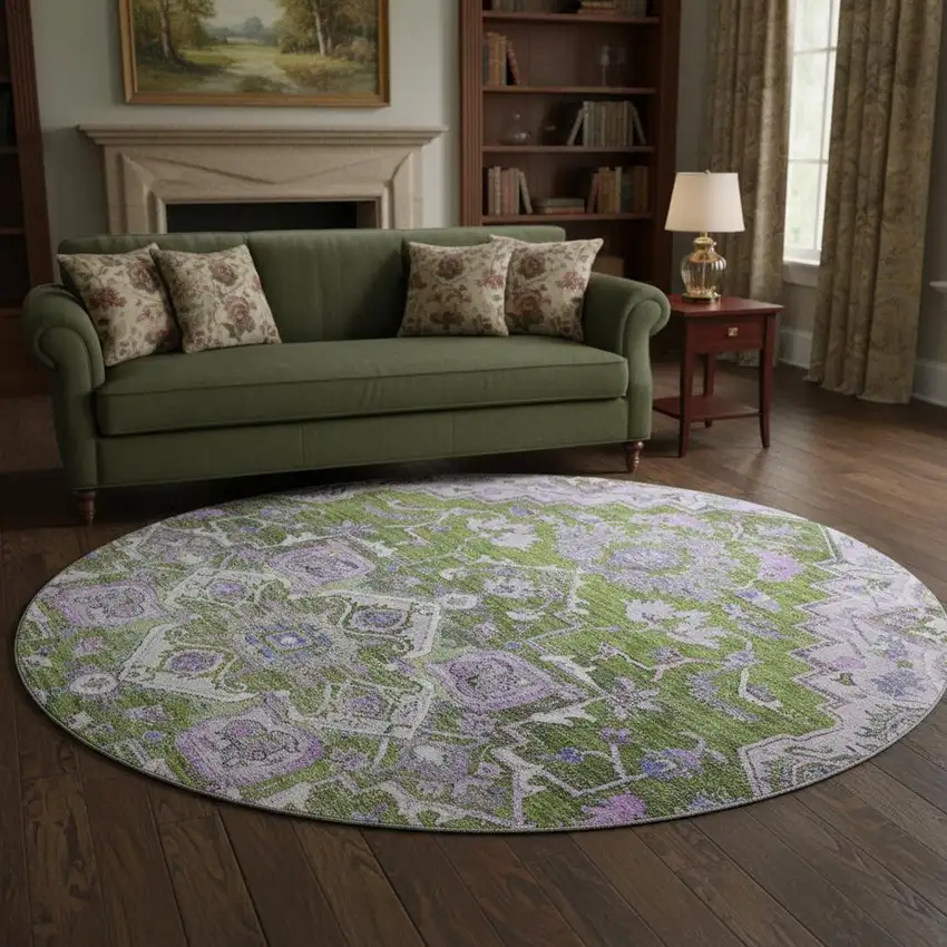 8' Olive Green Purple And Gray Floral Medallion Washable Round Rug With UV Protection Photo 2