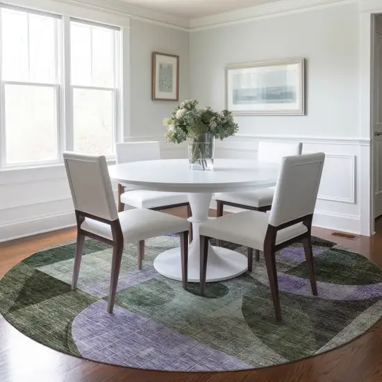 8' Olive Green Purple And Gray Round Geometric Washable Indoor Outdoor Area Rug Photo 8