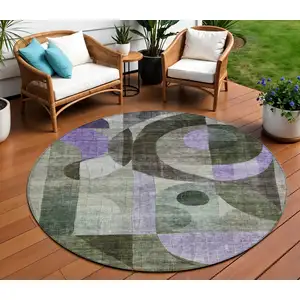 Photo of 8' Olive Green Purple And Gray Round Geometric Washable Indoor Outdoor Area Rug