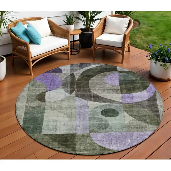 8' Olive Green Purple And Gray Round Geometric Washable Indoor Outdoor Area Rug Photo 1