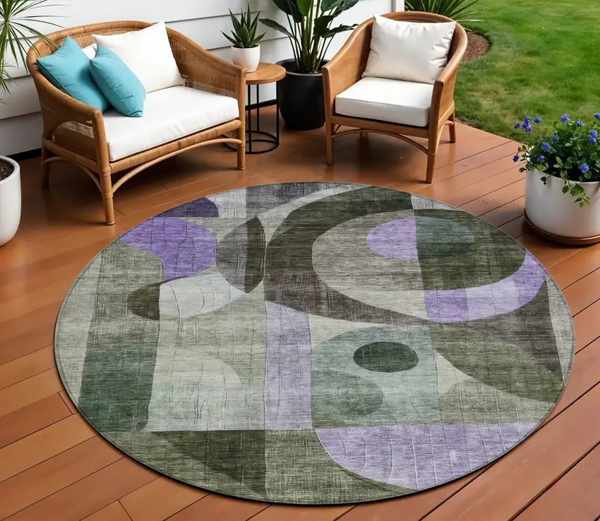 8' Olive Green Purple And Gray Round Geometric Washable Indoor Outdoor Area Rug Photo 1