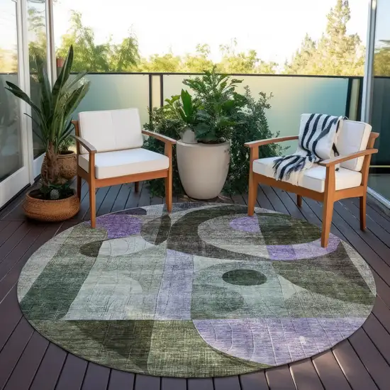 8' Olive Green Purple And Gray Round Geometric Washable Indoor Outdoor Area Rug Photo 7