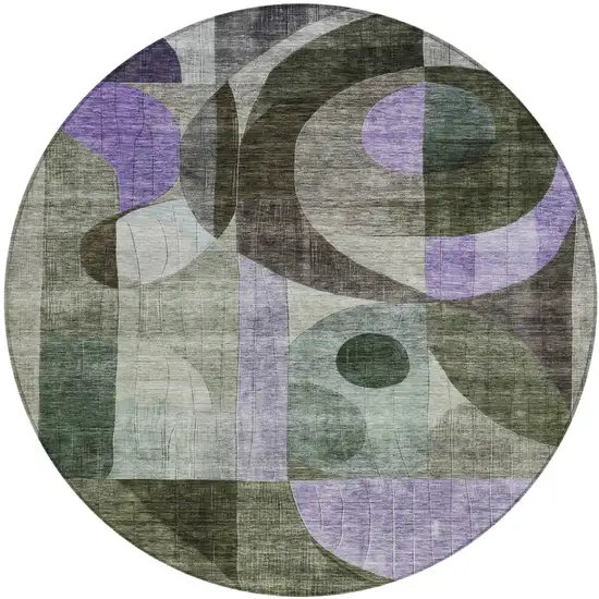 8' Olive Green Purple And Gray Round Geometric Washable Indoor Outdoor Area Rug Photo 2