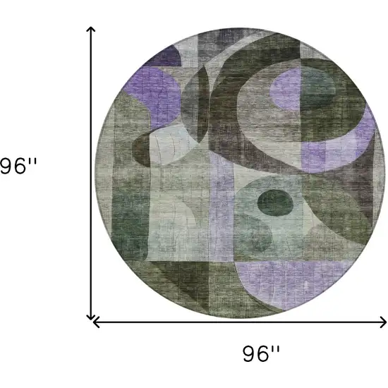 8' Olive Green Purple And Gray Round Geometric Washable Indoor Outdoor Area Rug Photo 9