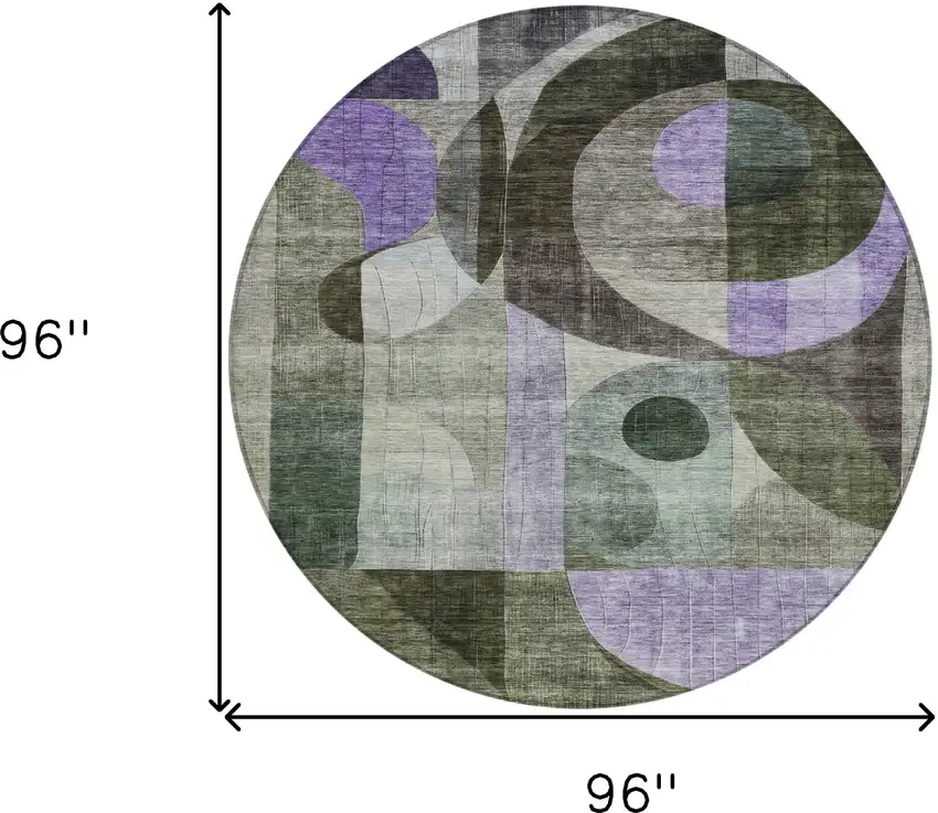 8' Olive Green Purple And Gray Round Geometric Washable Indoor Outdoor Area Rug Photo 9