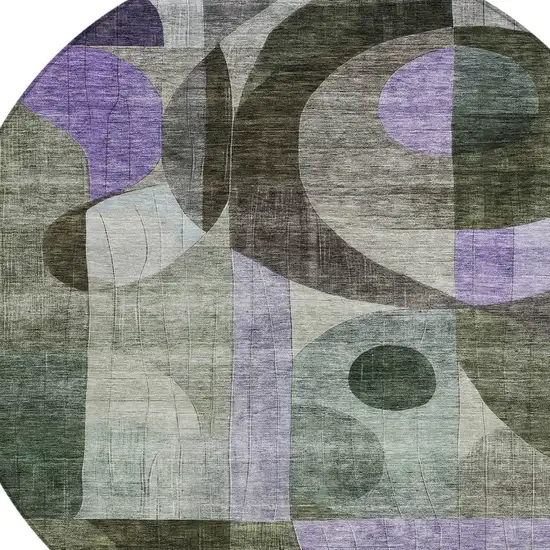 8' Olive Green Purple And Gray Round Geometric Washable Indoor Outdoor Area Rug Photo 6