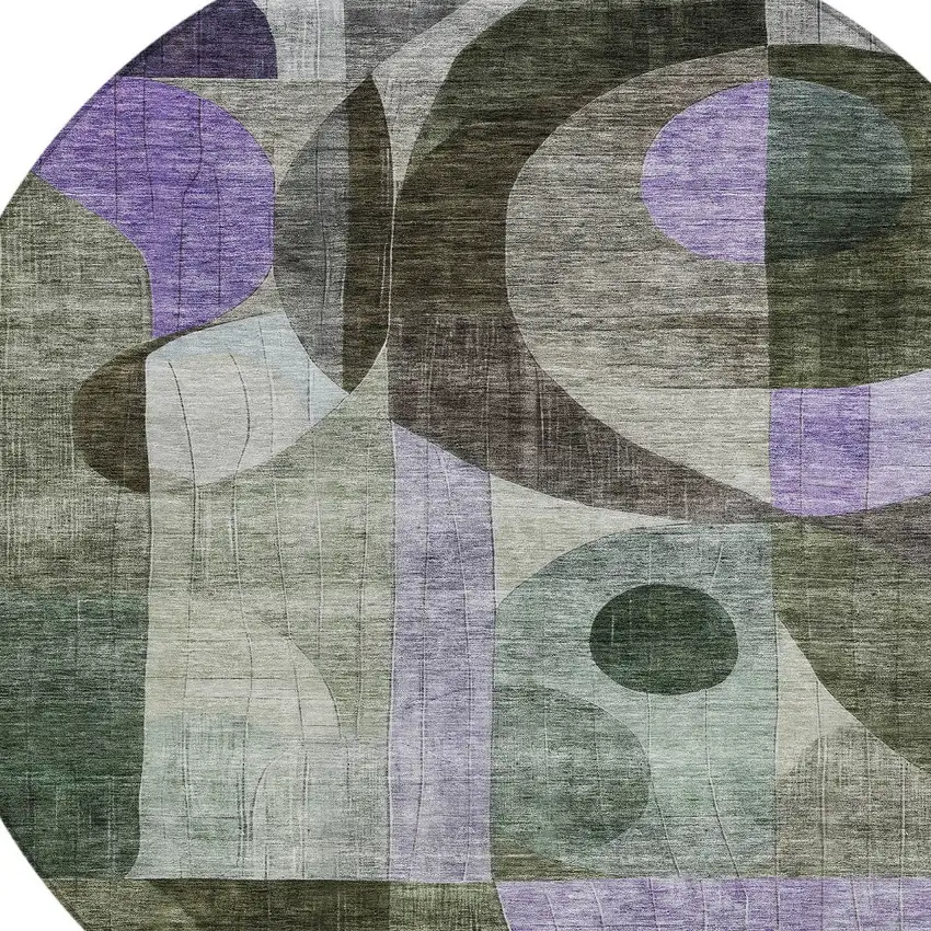8' Olive Green Purple And Gray Round Geometric Washable Indoor Outdoor Area Rug Photo 6