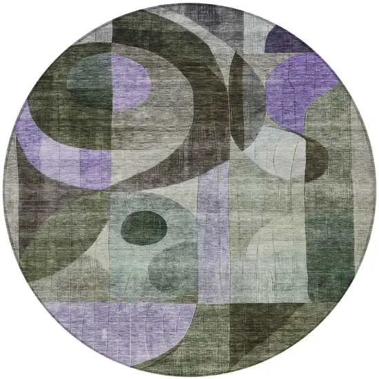 8' Olive Green Purple And Gray Round Geometric Washable Indoor Outdoor Area Rug Photo 3
