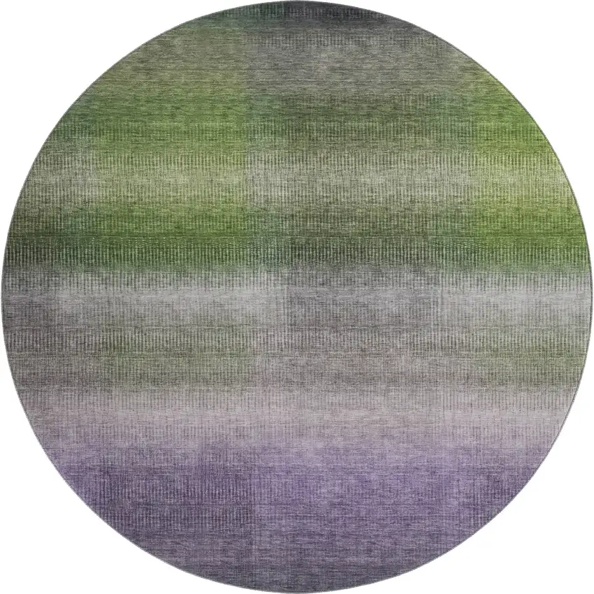 8' Olive Green Purple And Gray Striped Washable Round Rug With UV Protection Photo 1
