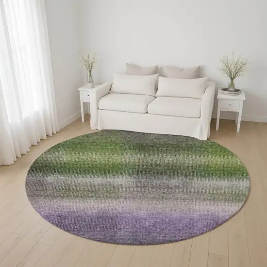 8' Olive Green Purple And Gray Striped Washable Round Rug With UV Protection Photo 4