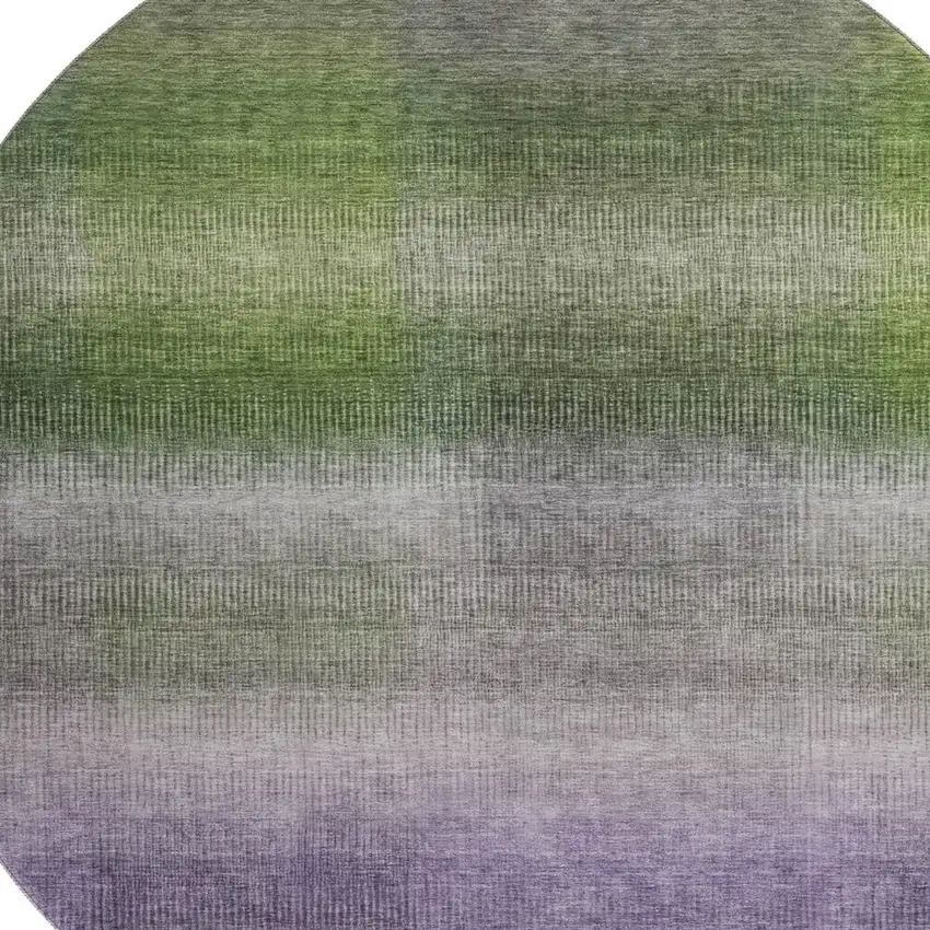 8' Olive Green Purple And Gray Striped Washable Round Rug With UV Protection Photo 2