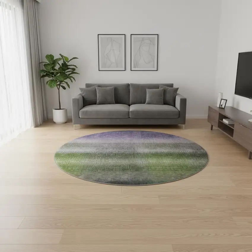 8' Olive Green Purple And Gray Striped Washable Round Rug With UV Protection Photo 2