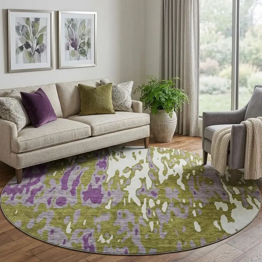 8' Olive Green Purple And Ivory Abstract Washable Round Rug With UV Protection Photo 1