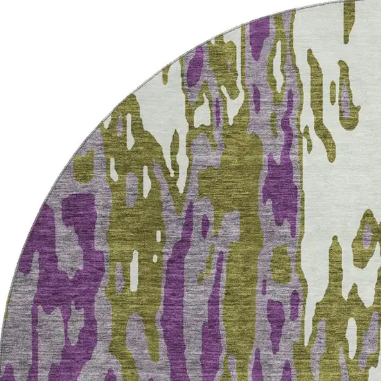 8' Olive Green Purple And Ivory Abstract Washable Round Rug With UV Protection Photo 3