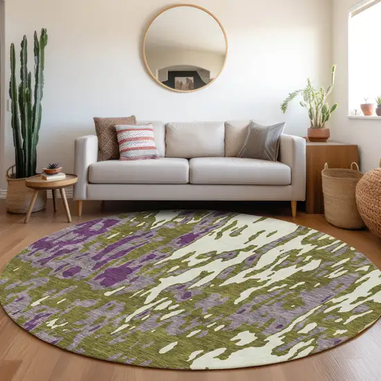 8' Olive Green Purple And Ivory Abstract Washable Round Rug With UV Protection Photo 4