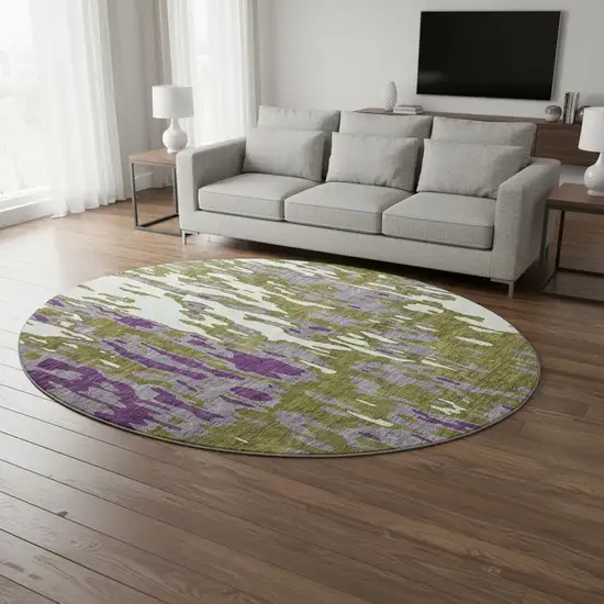 8' Olive Green Purple And Ivory Abstract Washable Round Rug With UV Protection Photo 2