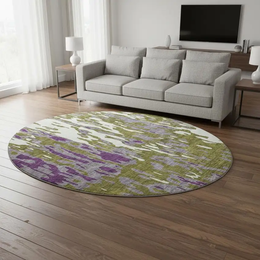 8' Olive Green Purple And Ivory Abstract Washable Round Rug With UV Protection Photo 2