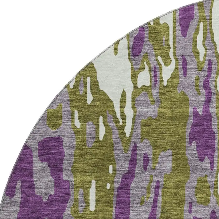 8' Olive Green Purple And Ivory Abstract Washable Round Rug With UV Protection Photo 2