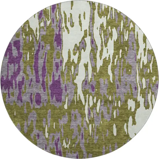 8' Olive Green Purple And Ivory Abstract Washable Round Rug With UV Protection Photo 1