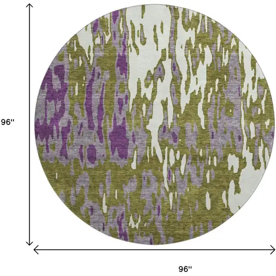 8' Olive Green Purple And Ivory Abstract Washable Round Rug With UV Protection Photo 9