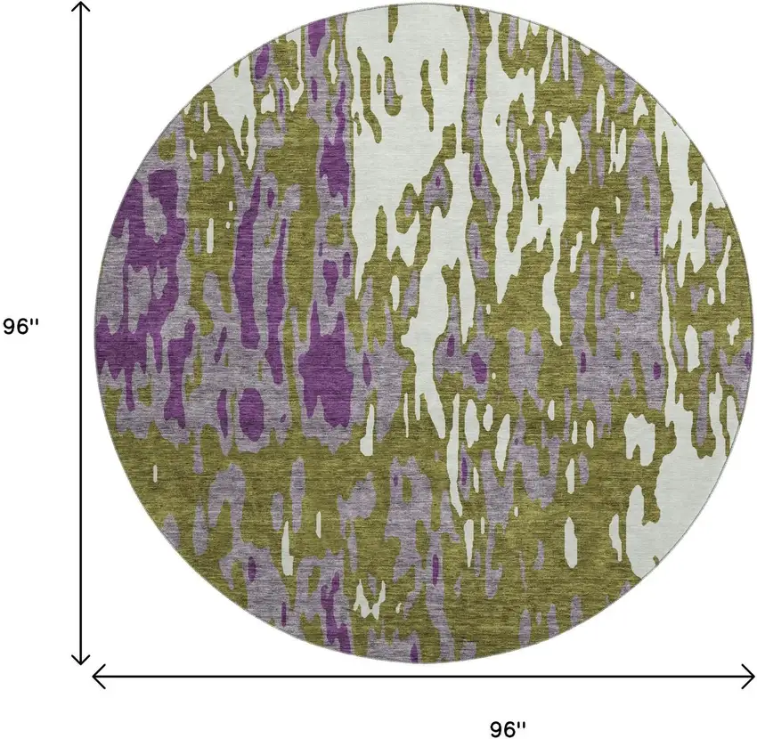 8' Olive Green Purple And Ivory Abstract Washable Round Rug With UV Protection Photo 9