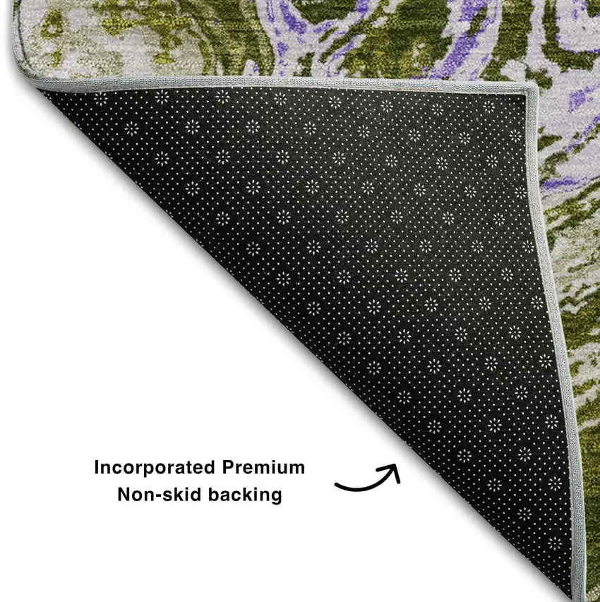 8' Olive Green Purple And Ivory Abstract Washable Round Rug With UV Protection Photo 5