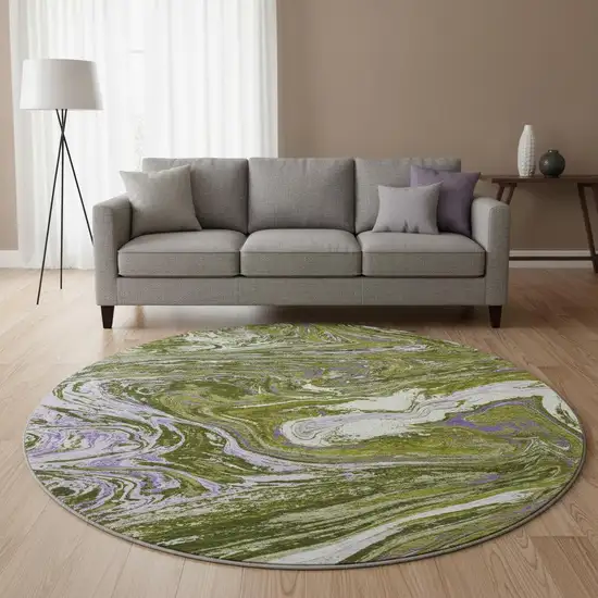 8' Olive Green Purple And Ivory Abstract Washable Round Rug With UV Protection Photo 2