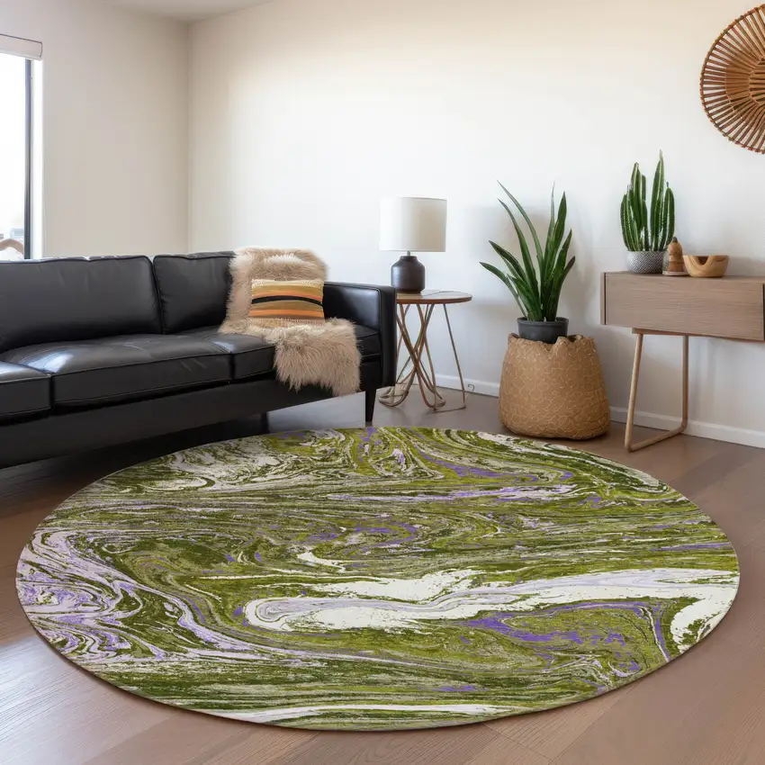 8' Olive Green Purple And Ivory Abstract Washable Round Rug With UV Protection Photo 4