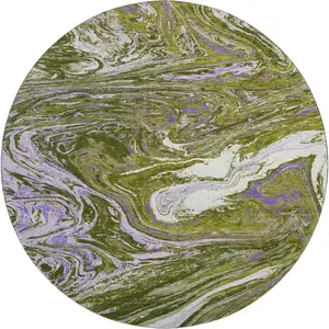 Photo of 8' Olive Green Purple And Ivory Abstract Washable Round Rug With UV Protection