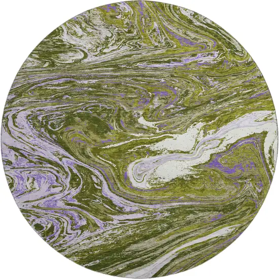 8' Olive Green Purple And Ivory Abstract Washable Round Rug With UV Protection Photo 1