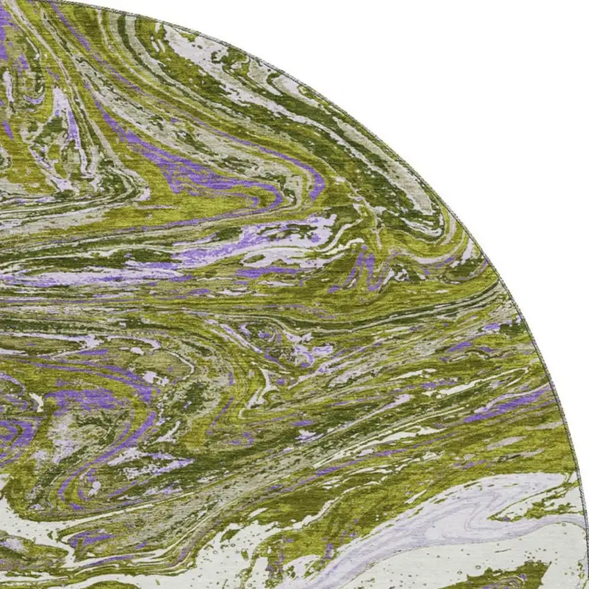 8' Olive Green Purple And Ivory Abstract Washable Round Rug With UV Protection Photo 2