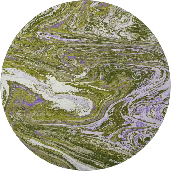 8' Olive Green Purple And Ivory Abstract Washable Round Rug With UV Protection Photo 3