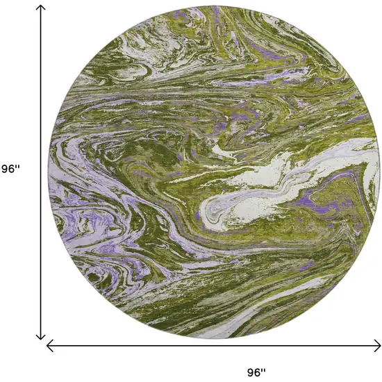 8' Olive Green Purple And Ivory Abstract Washable Round Rug With UV Protection Photo 9