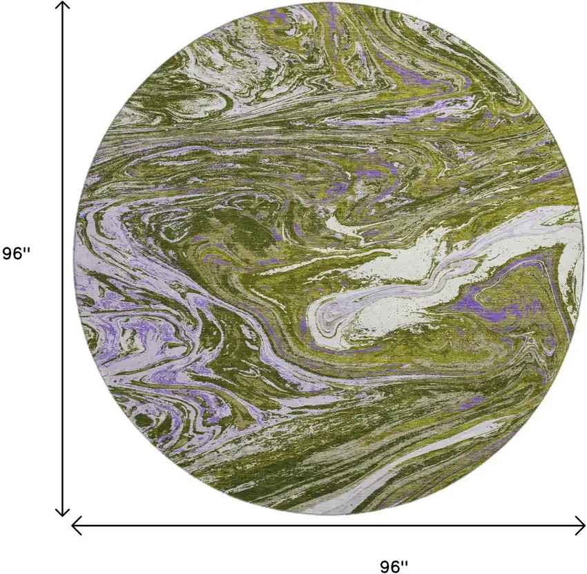 8' Olive Green Purple And Ivory Abstract Washable Round Rug With UV Protection Photo 9