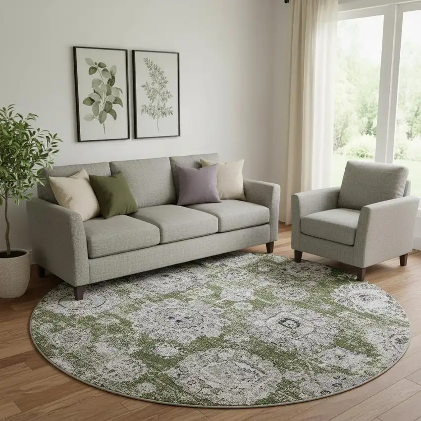 8' Olive Green Purple And Ivory Floral Washable Round Rug With UV Protection Photo 1