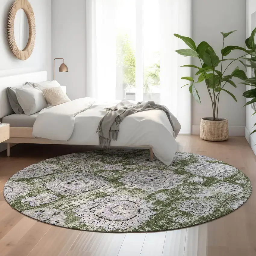 8' Olive Green Purple And Ivory Floral Washable Round Rug With UV Protection Photo 4